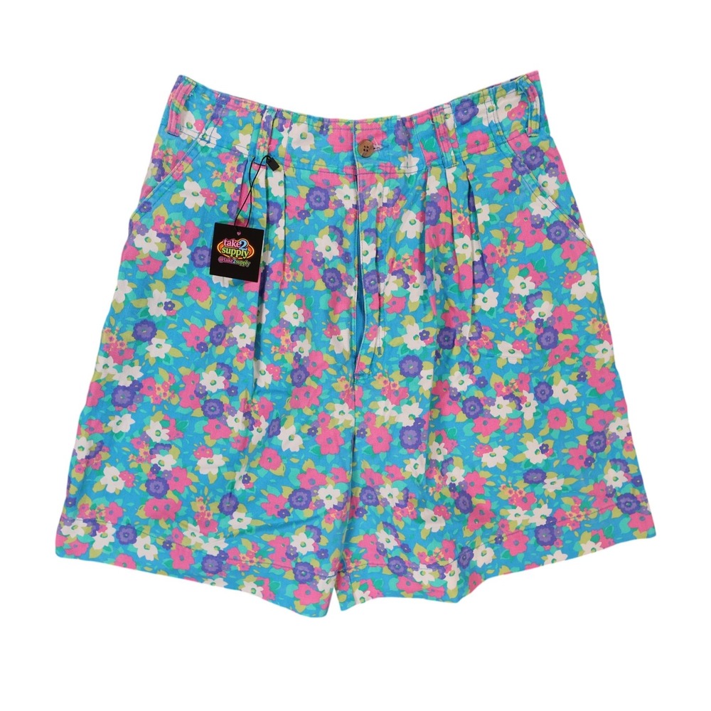 Hunt Club Shorts Womens 14 Blue Excellent Floral Print Pleated High Waist Cotton